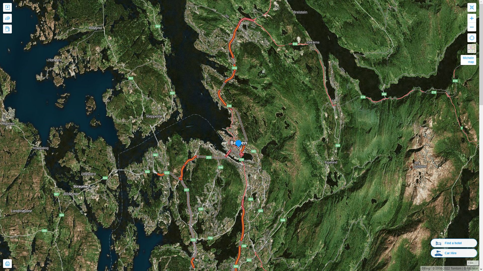 Bergen Highway and Road Map with Satellite View